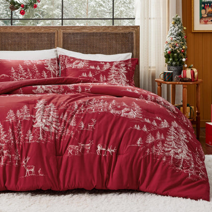 Bedsure Christmas Comforter Set Twin - Christmas Bed Set with Reindeer, Soft Bedding for Holiday, 2 Pieces, 1 Reversible Buffalo Check Printed Comforter and 1 Pillow Sham