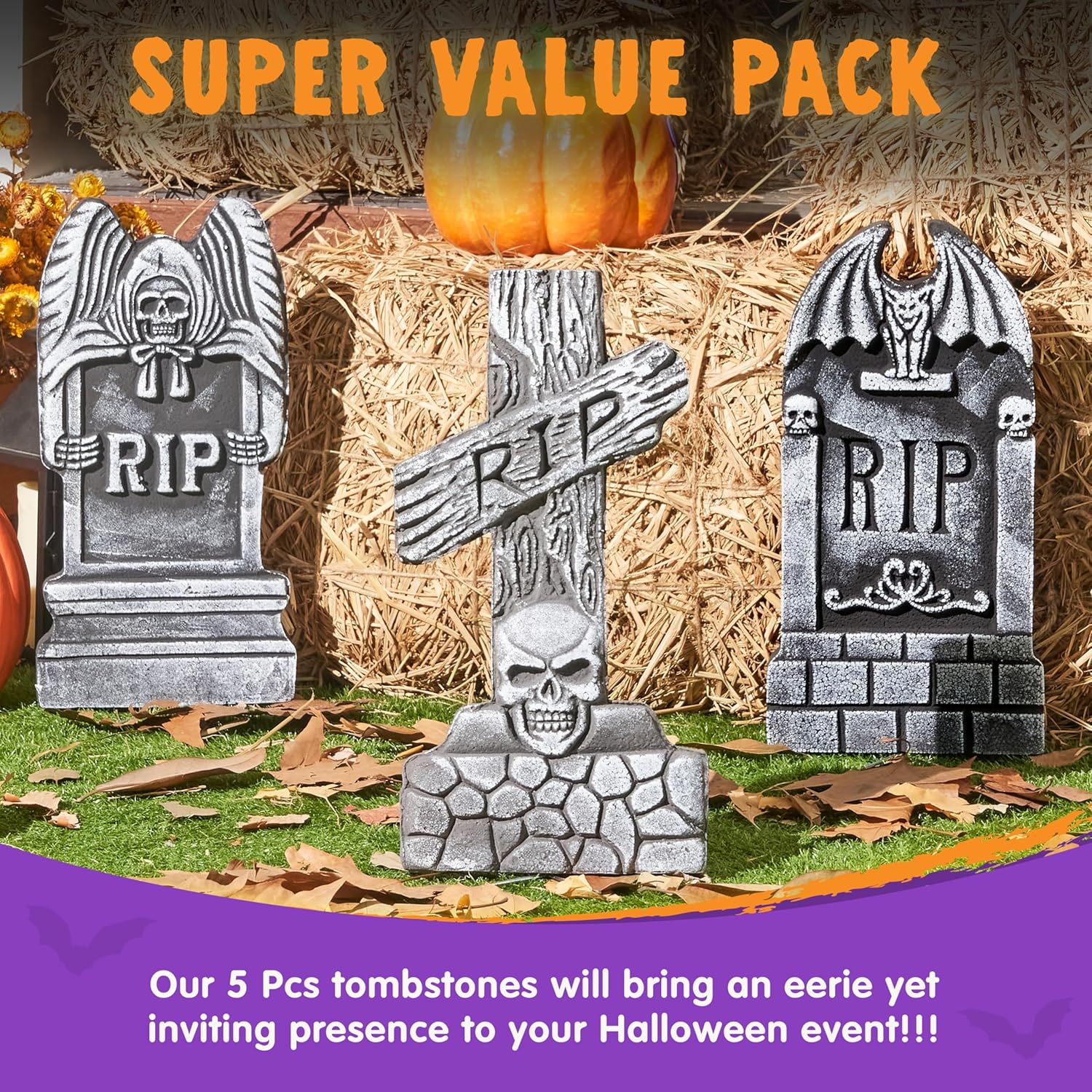 JOYIN 17” Halloween Foam RIP Graveyard Tombstones (5 Pack), Halloween Tombstones Decorations Outdoor for Graves with 12 Metal Stakes for Cemetery Yard Lawn Party Decor