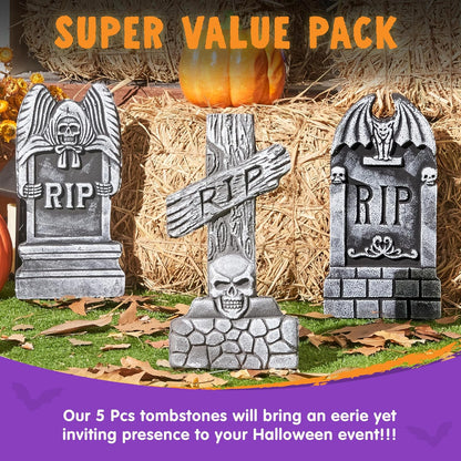 JOYIN 17” Halloween Foam RIP Graveyard Tombstones (5 Pack), Halloween Tombstones Decorations Outdoor for Graves with 12 Metal Stakes for Cemetery Yard Lawn Party Decor
