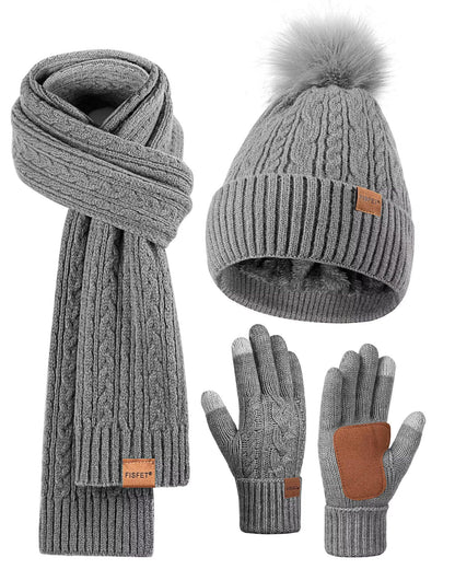 Winter Beanie Hat Scarf Gloves Set for Women, Pom Pom Beanie Fleece Lined Knit Neck Warmer Touchscreen Gloves 3 in 1 Gift Set