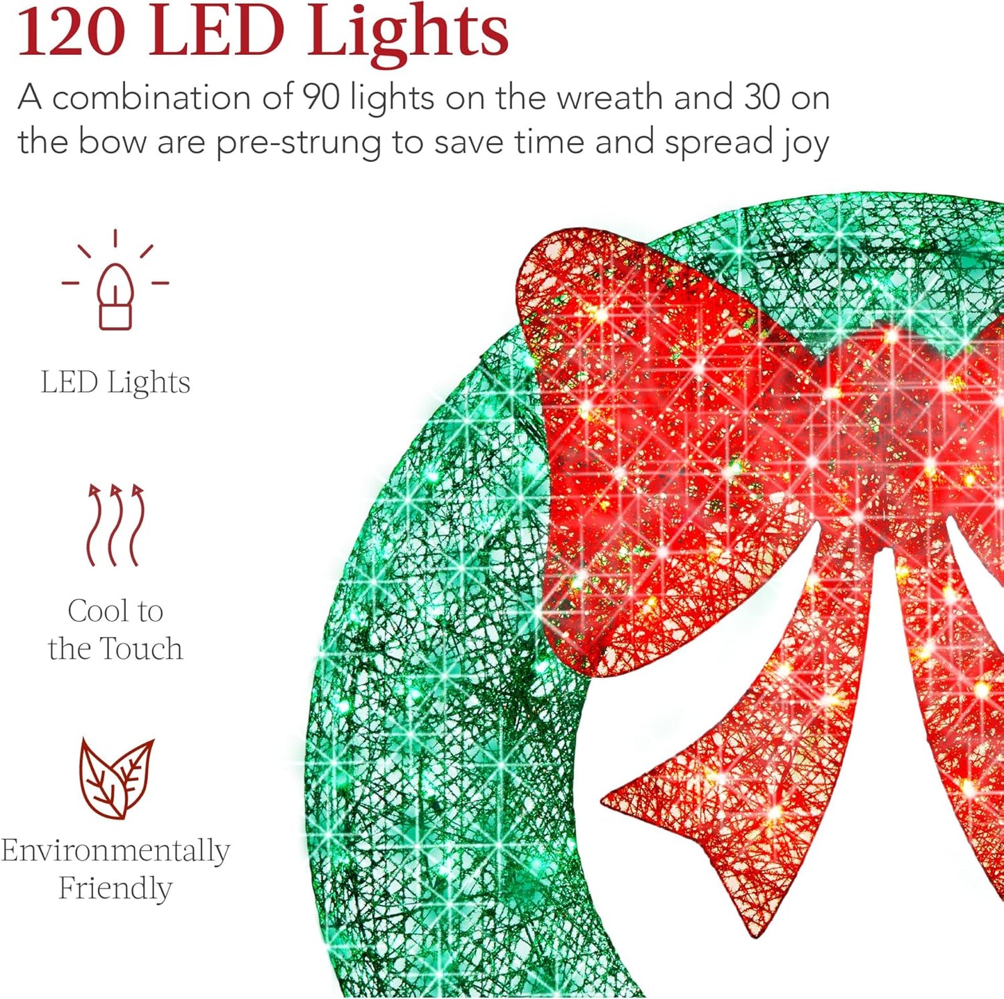 Best Choice Products 36in Pre-Lit Outdoor Christmas Wreath Decoration, LED Metal Holiday Decor for Home w/ 120 Lights, Bow - Green/Red