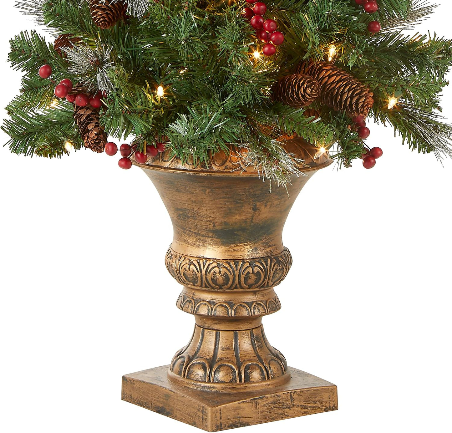 National Tree Company 4 ft Pre-Lit Crestwood Spruce Mini Artificial Christmas Entrance Tree, 100 Clear Lights, 230 Tips, Glitter, Pinecones, Red Berries, Gold Rubbed Pedestal Base, Green