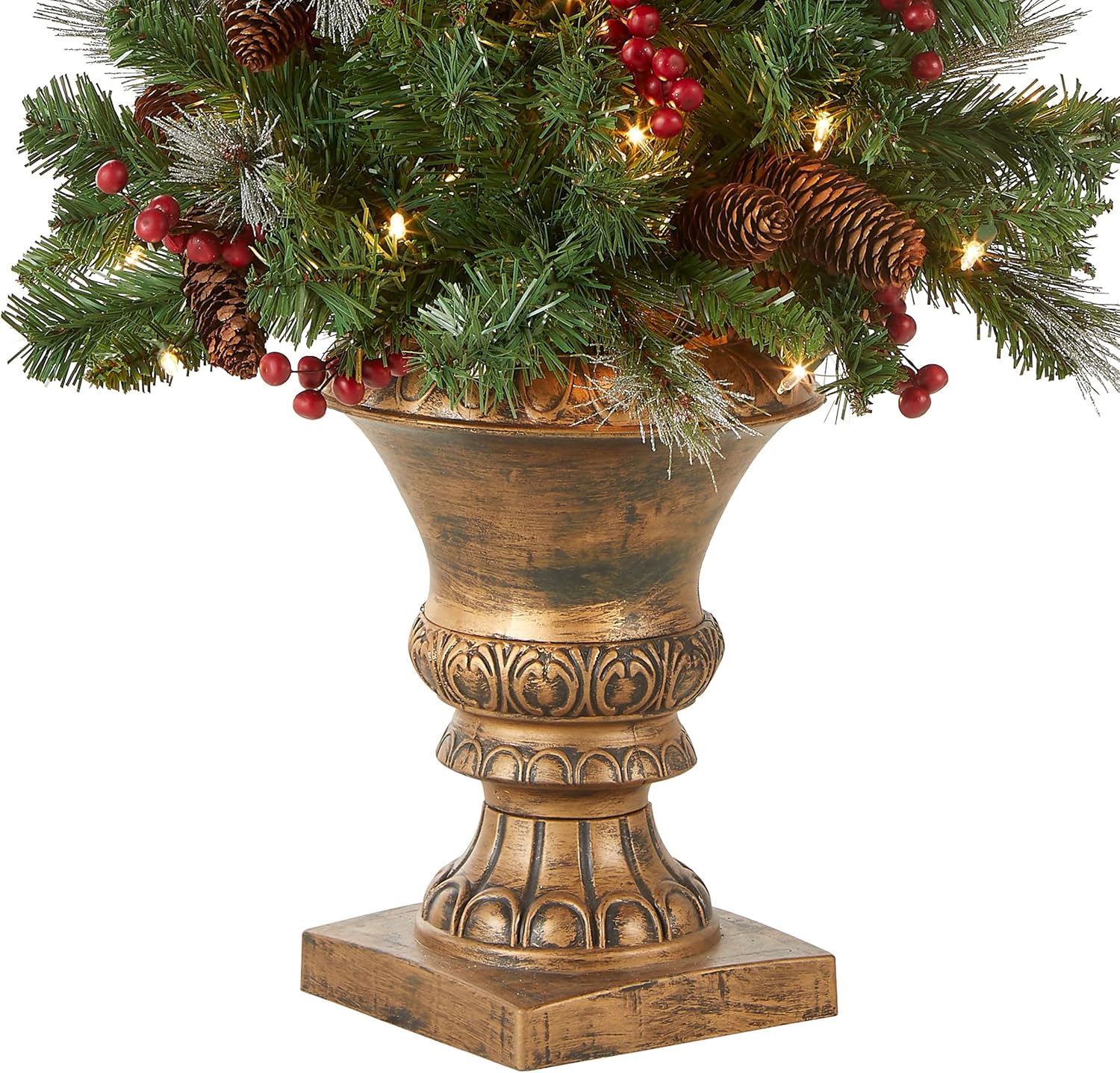National Tree Company 4 ft Pre-Lit Crestwood Spruce Mini Artificial Christmas Entrance Tree, 100 Clear Lights, 230 Tips, Glitter, Pinecones, Red Berries, Gold Rubbed Pedestal Base, Green