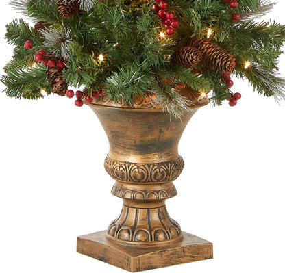 National Tree Company 4 ft Pre-Lit Crestwood Spruce Mini Artificial Christmas Entrance Tree, 100 Clear Lights, 230 Tips, Glitter, Pinecones, Red Berries, Gold Rubbed Pedestal Base, Green