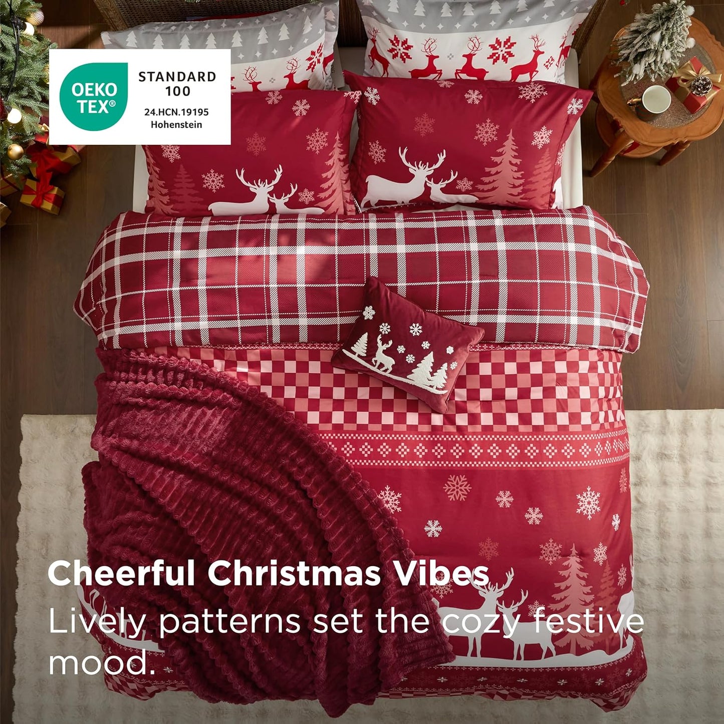 Bedsure Christmas King Comforter Set - 5 Pieces Christmas Bedding Set, King Bed in a Bag with 1 Soft Snowflake and Elk Reversible Comforter, 2 Pillow Shams, 1 Throw Blanket and 1 Decorative