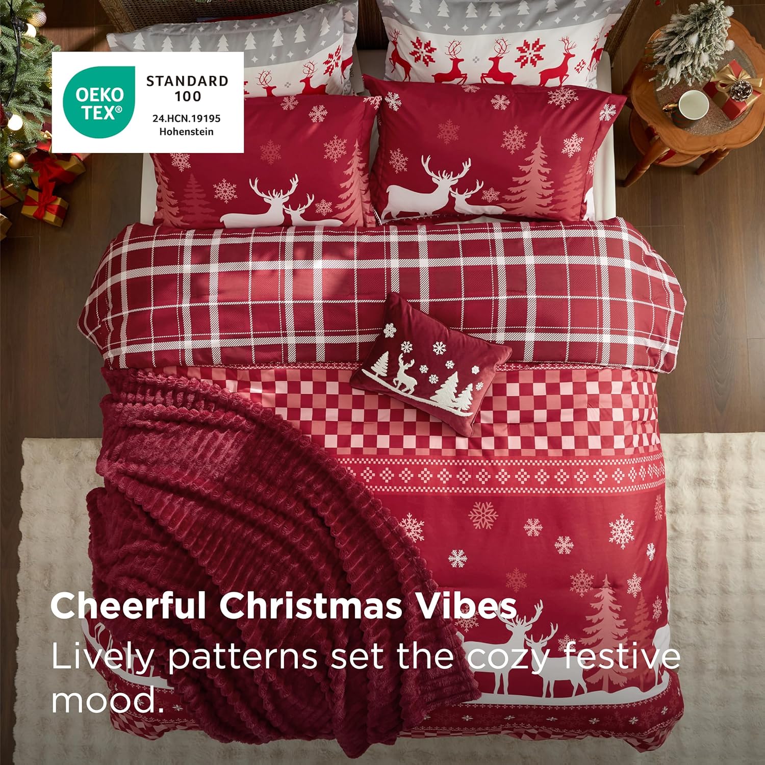 Bedsure Christmas King Comforter Set - 5 Pieces Christmas Bedding Set, King Bed in a Bag with 1 Soft Snowflake and Elk Reversible Comforter, 2 Pillow Shams, 1 Throw Blanket and 1 Decorative