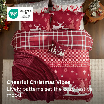 Bedsure Christmas King Comforter Set - 5 Pieces Christmas Bedding Set, King Bed in a Bag with 1 Soft Snowflake and Elk Reversible Comforter, 2 Pillow Shams, 1 Throw Blanket and 1 Decorative