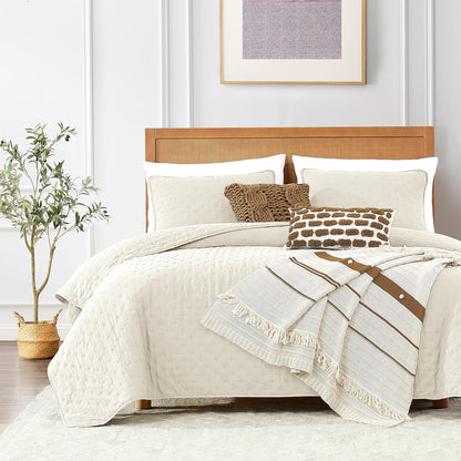 ROARINGWILD Ivory Queen Size Quilt Bedding Sets with 2 Pillow Shams, Full Cream Lightweight Soft Bedspread Coverlet, Thin Comforter Bed Cover for All Season, 3 Pieces, 90x90 inches