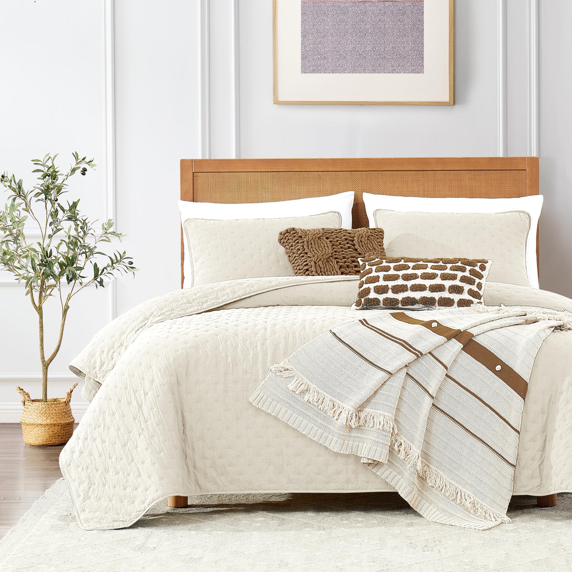 ROARINGWILD Ivory Queen Size Quilt Bedding Sets with 2 Pillow Shams, Full Cream Lightweight Soft Bedspread Coverlet, Thin Comforter Bed Cover for All Season, 3 Pieces, 90x90 inches