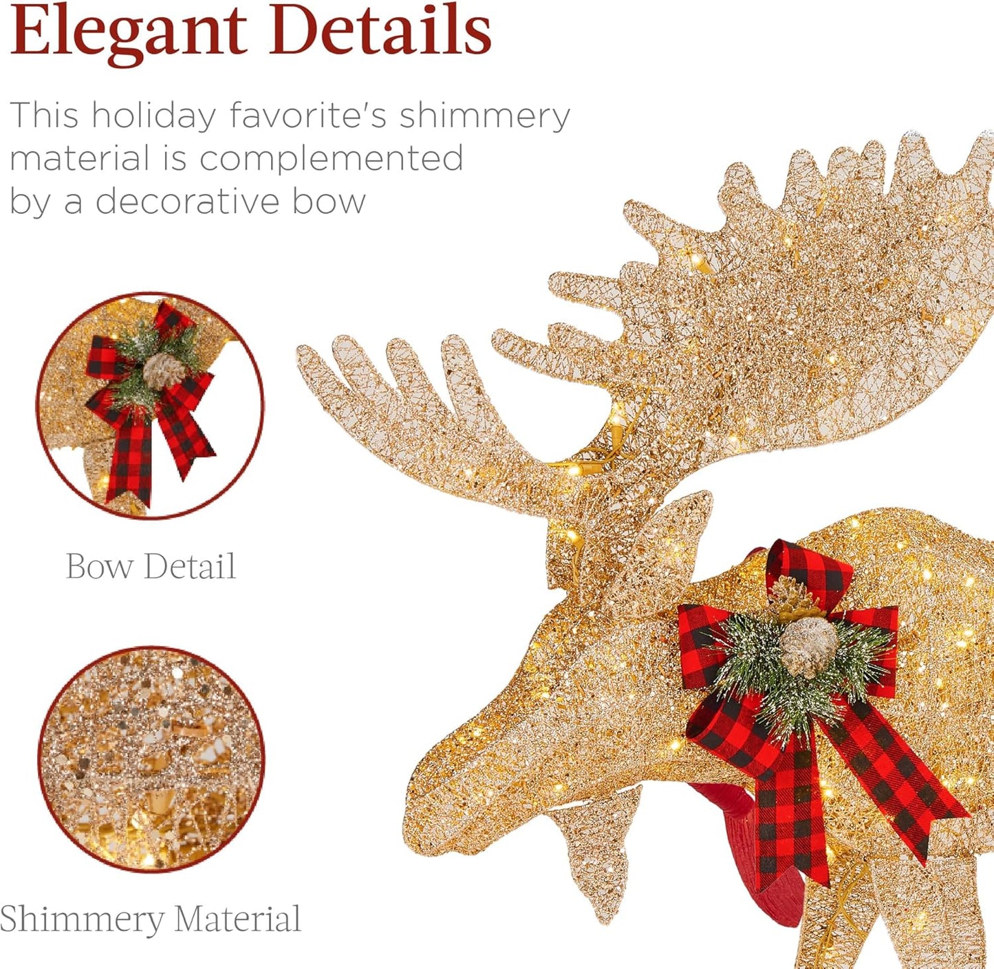 Best Choice Products 5ft 2-Piece Moose Family, Lighted Outdoor Christmas Yard Decoration, Light-Up Décor Set w/ 370 LED Lights, Zip Ties - Gold