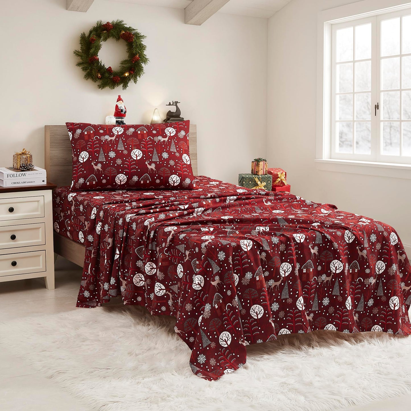 Christmas Sheets King Size with Built‑in Sheet Straps – Cozy Christmas Bedding for Holiday Cheer & Winter Dreams – Soft, Snug Sleep for Seasonal Celebrations, Polar Bear & Reindeer
