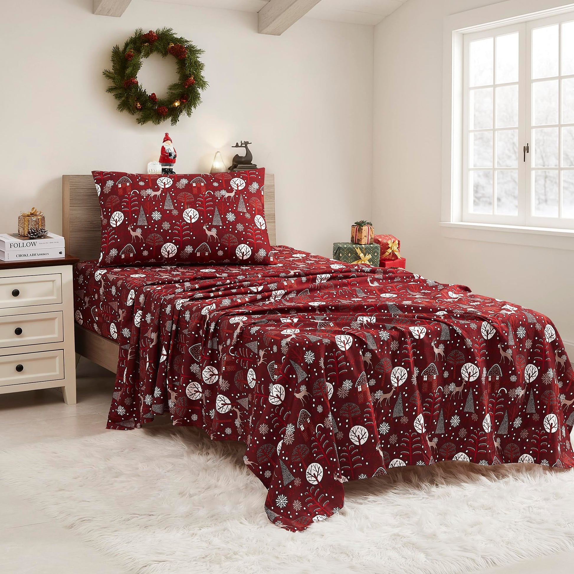 Christmas Sheets King Size with Built‑in Sheet Straps – Cozy Christmas Bedding for Holiday Cheer & Winter Dreams – Soft, Snug Sleep for Seasonal Celebrations, Polar Bear & Reindeer