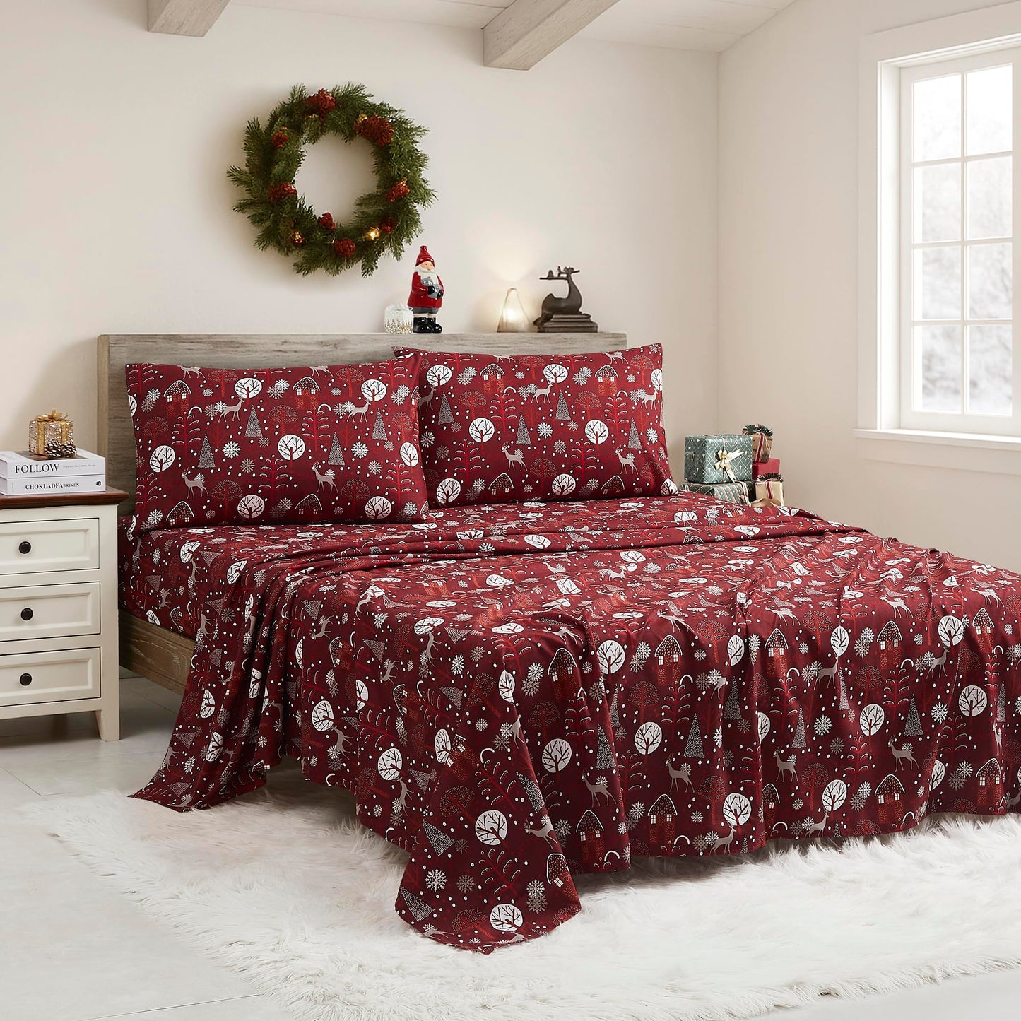 Christmas Sheets King Size with Built‑in Sheet Straps – Cozy Christmas Bedding for Holiday Cheer & Winter Dreams – Soft, Snug Sleep for Seasonal Celebrations, Polar Bear & Reindeer