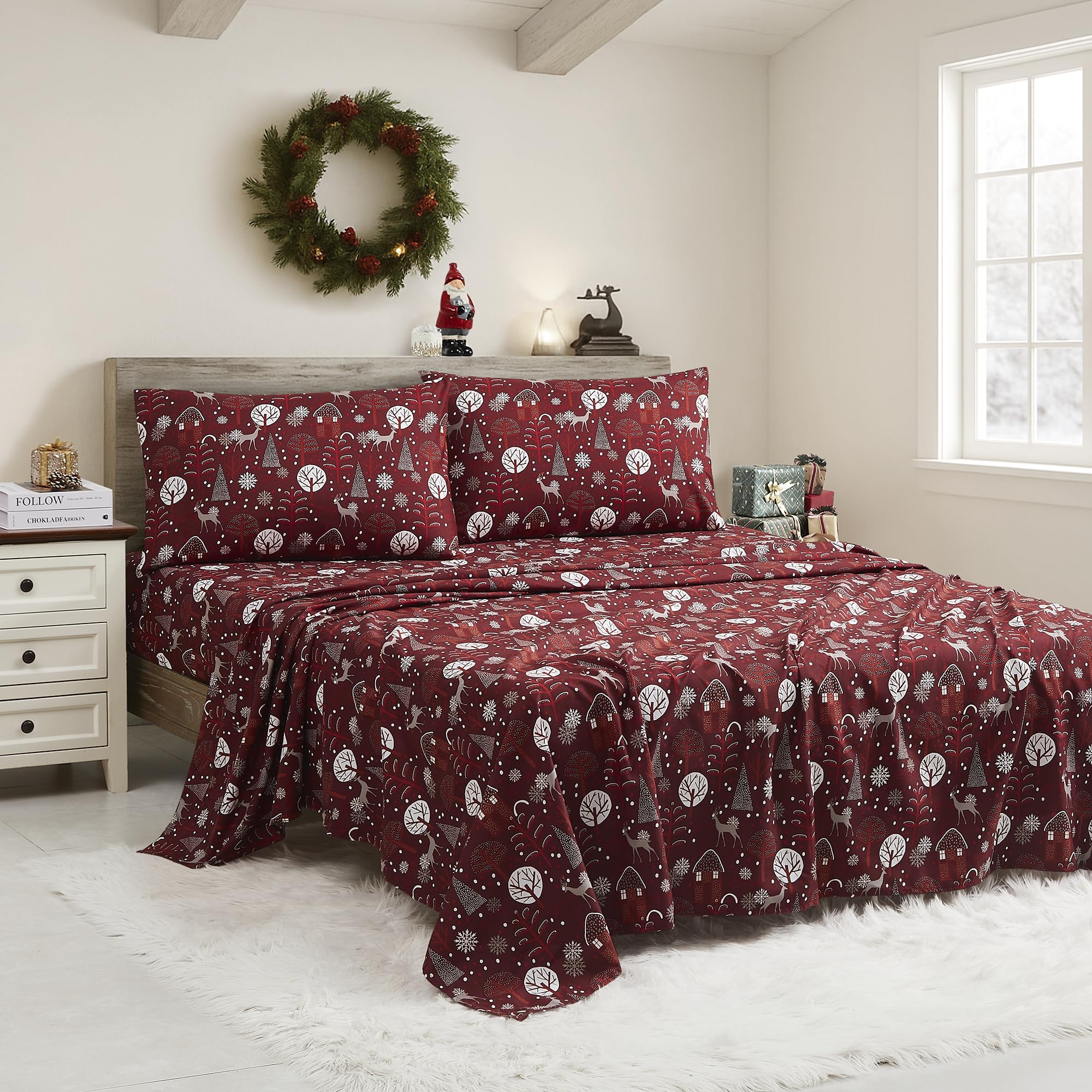Christmas Sheets King Size with Built‑in Sheet Straps – Cozy Christmas Bedding for Holiday Cheer & Winter Dreams – Soft, Snug Sleep for Seasonal Celebrations, Polar Bear & Reindeer