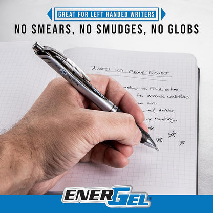 Pentel EnerGel Retractable Liquid Gel Pens, Medium Point, 0.7 mm, Silver Barrel, 12 Black Ink pens, the Ultimate writing pens, the Best Writing Pens for office, school and journaling, Pack of 12