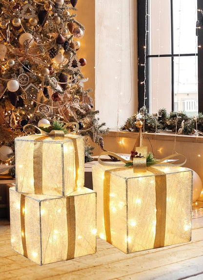 3 Pieces Lighted Gift Boxes Christmas Decorations, 12in 10in 8in with 60 Pre-Strung Mini String Lights, Foldable Light up Present Boxes for Indoor Outdoor Holiday Party Christmas Yard Home Art Decor
