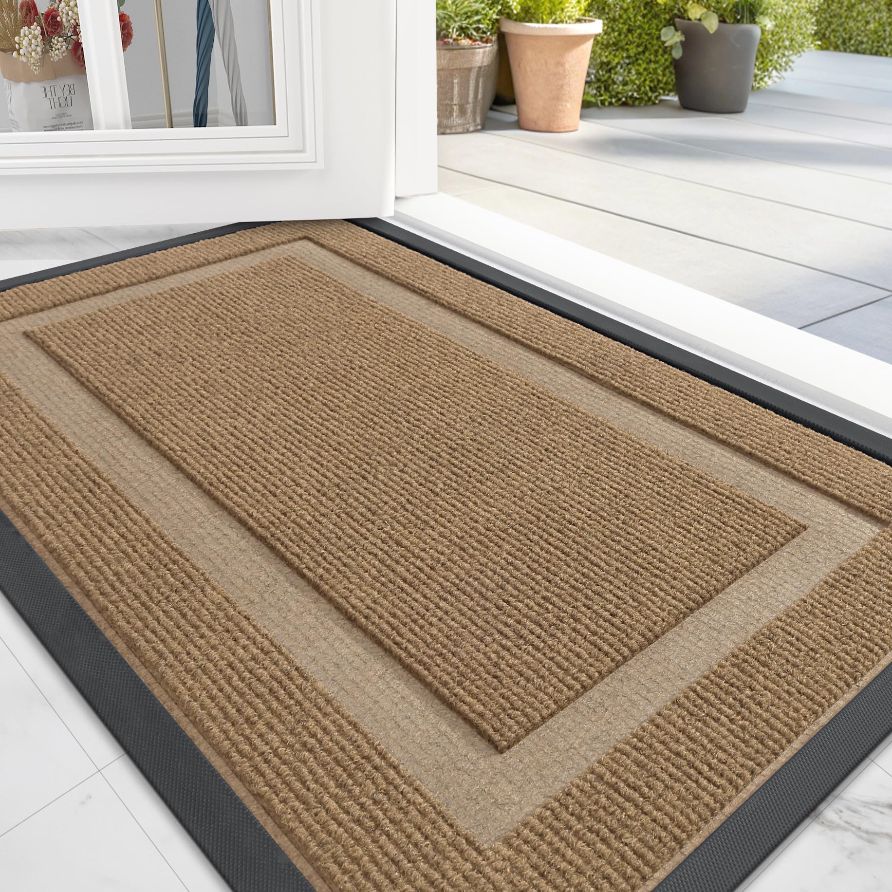 OLANLY Front Door Mat Indoor Outdoor Entrance, Waterproof All-Season, All-Weather Doormat, Sturdy Natural Rubber, Fade Resistant, Low Profile, Easy Clean Patio Porch Entryway Mat, 29.5x17, Black
