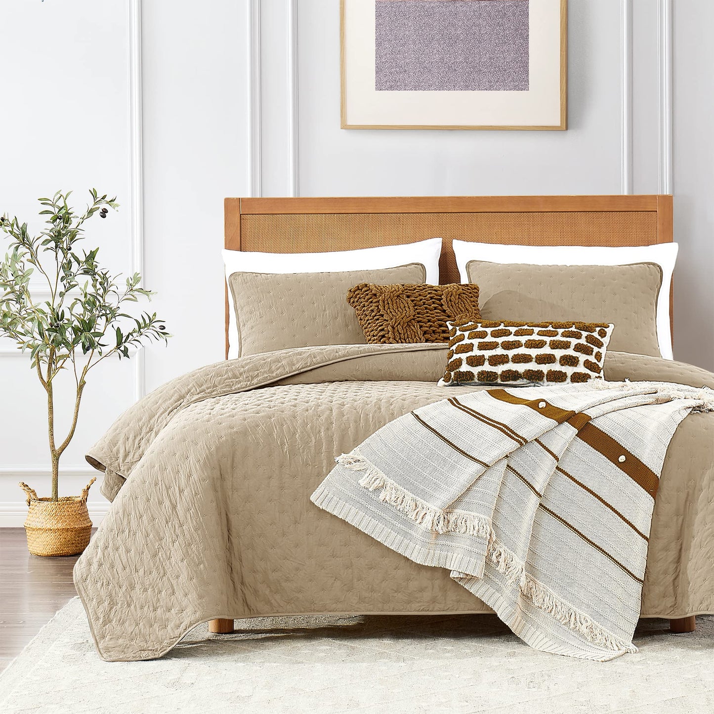 ROARINGWILD Ivory Queen Size Quilt Bedding Sets with 2 Pillow Shams, Full Cream Lightweight Soft Bedspread Coverlet, Thin Comforter Bed Cover for All Season, 3 Pieces, 90x90 inches