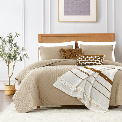 ROARINGWILD Ivory Queen Size Quilt Bedding Sets with 2 Pillow Shams, Full Cream Lightweight Soft Bedspread Coverlet, Thin Comforter Bed Cover for All Season, 3 Pieces, 90x90 inches