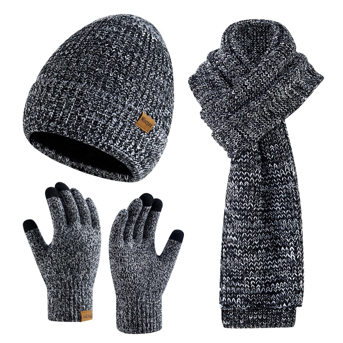Mens Winter Beanie Hat Touchscreen Gloves Long Scarf 3 Set with Warm Fleece Lined Knit Cap Scarves for Men Women