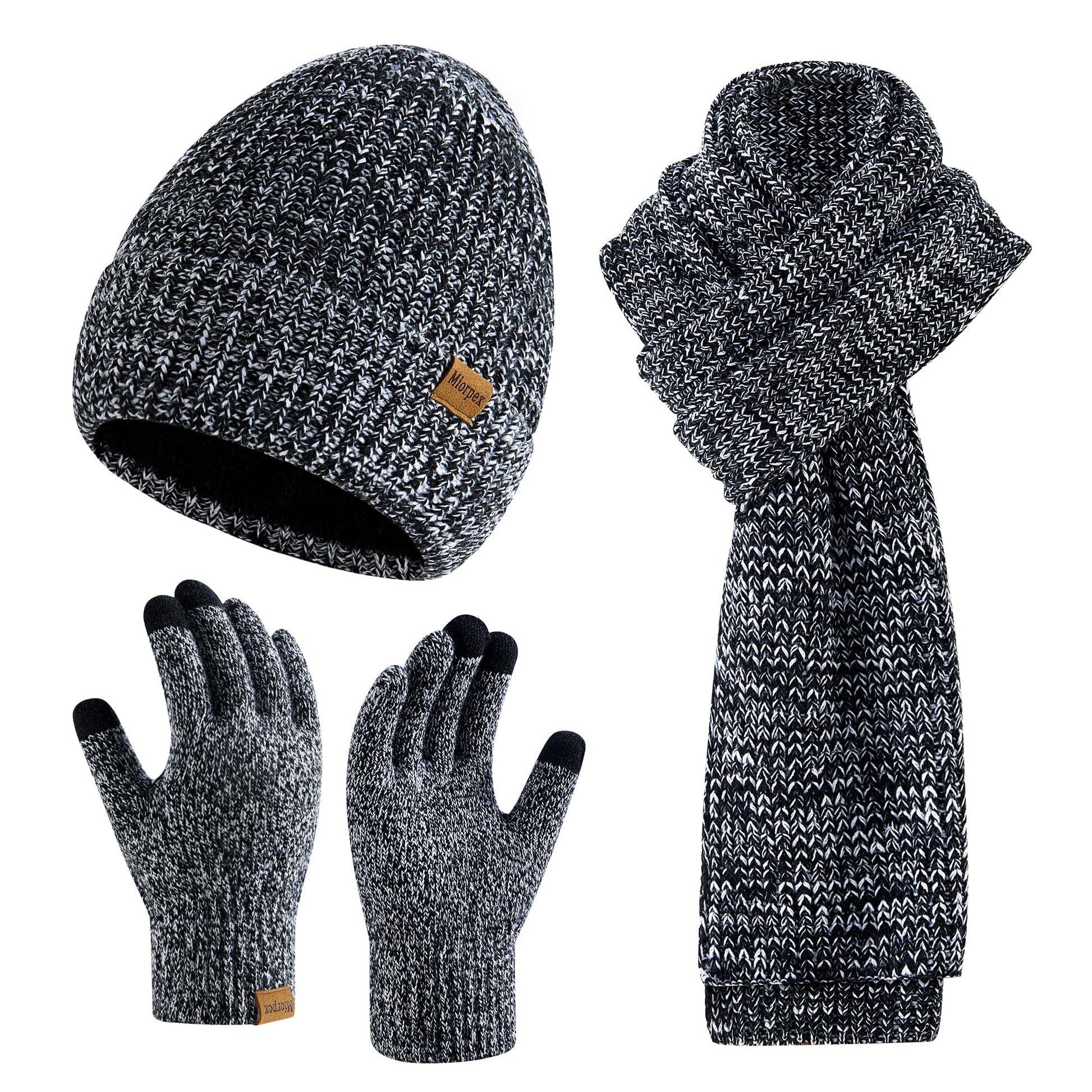 Mens Winter Beanie Hat Touchscreen Gloves Long Scarf 3 Set with Warm Fleece Lined Knit Cap Scarves for Men Women