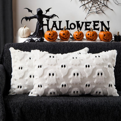 DFXSZ Halloween Pillow Covers 18x18 inch Set of 2 White Ghost Throw Pillow Cases Soft Plush Faux Fur Wool Couch Cushion Case for Chair Sofa Bedroom Living Room Home Decor PTK03A18