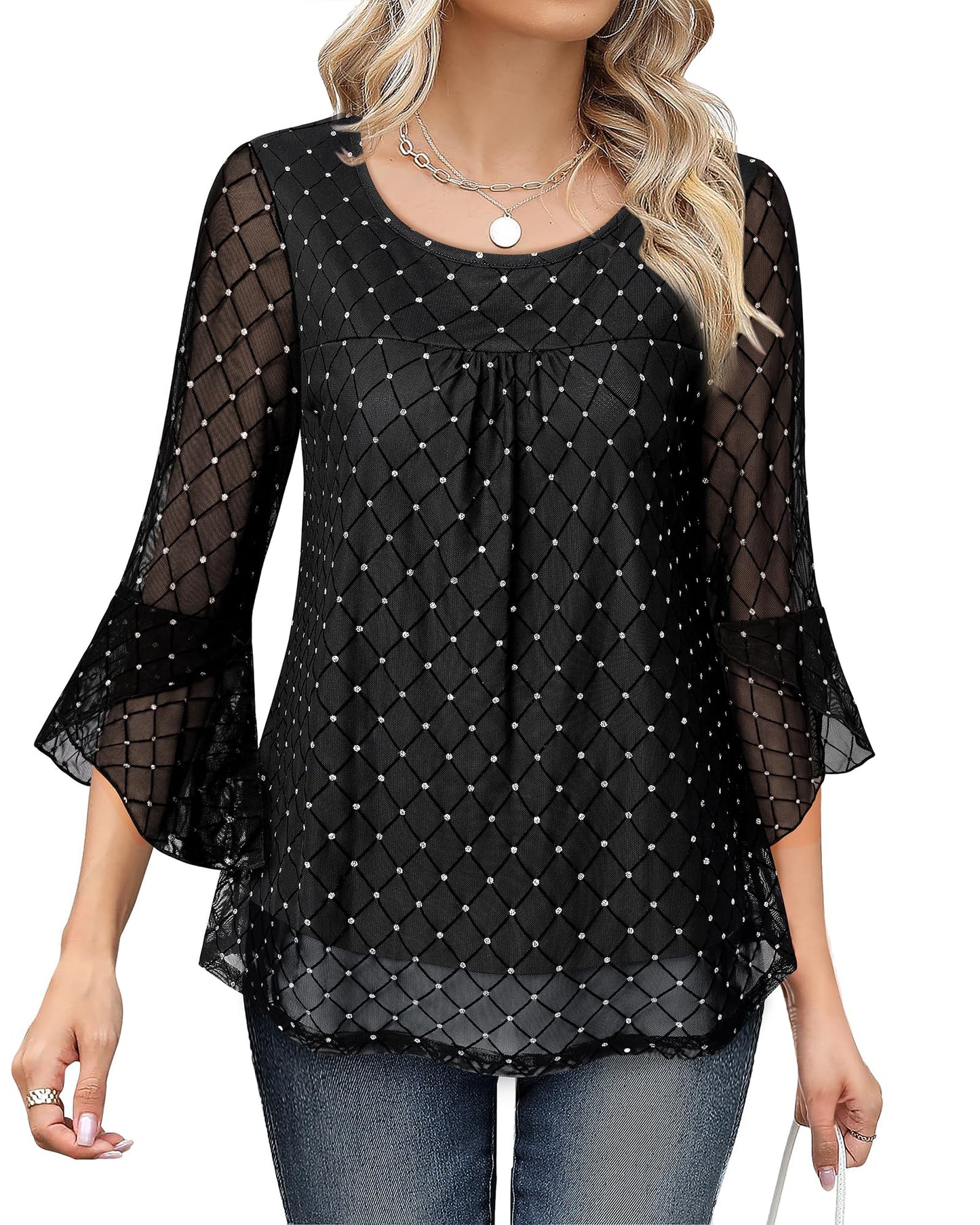 Bebonnie Women's Ruffle 3/4 Sleeve Elegant Dressy Blouses Crew Neck Double Layers Mesh Tunic Tops