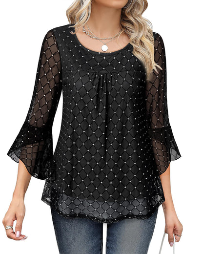 Bebonnie Women's Ruffle 3/4 Sleeve Elegant Dressy Blouses Crew Neck Double Layers Mesh Tunic Tops