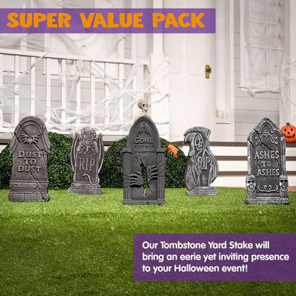 JOYIN 17” Halloween Tombstones for Graves Decorations Outdoor (5 Pack), Foam RIP Graveyard Headstone Decorations and 12 Bonus Metal Stakes for Halloween Yard Lawn Decor