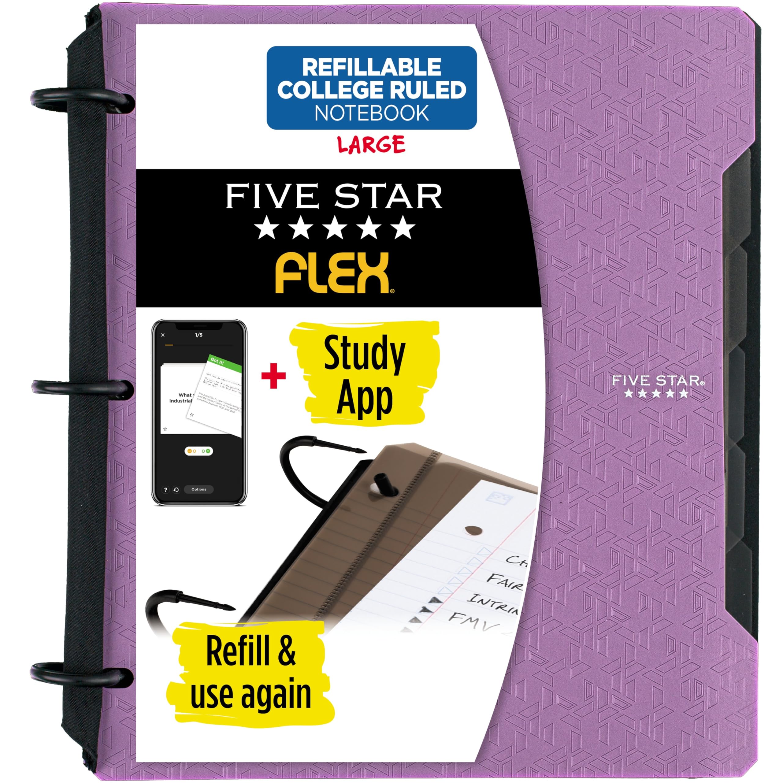 Five Star Flex Refillable Notebook + Study App, College Ruled Paper and 1 Inch TechLock Ring Binder with Pockets, Tabs and Dividers, 200 Sheet Capacity, Black (29328AA2)