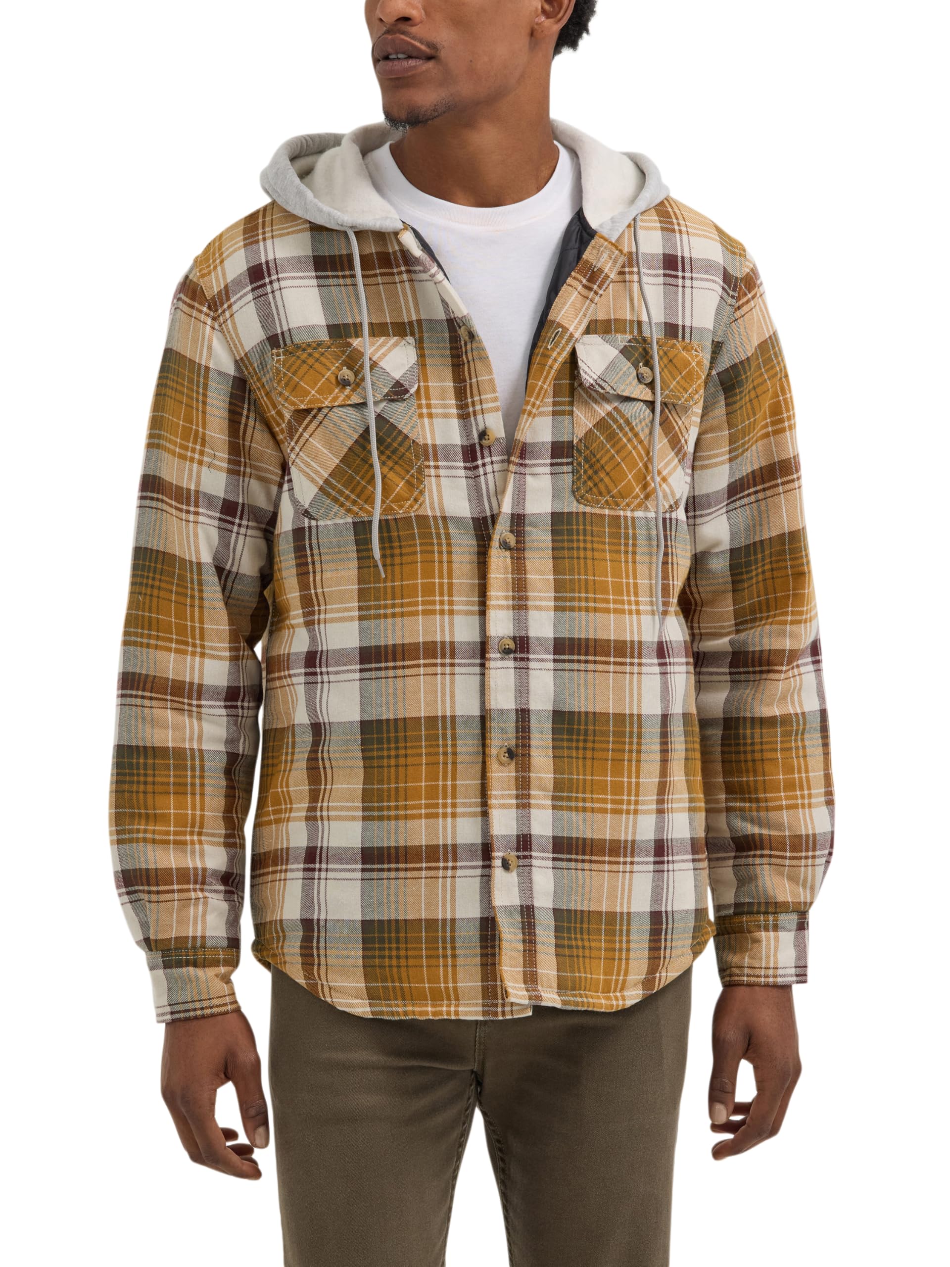 Wrangler Authentics Men's Long Sleeve Quilted Lined Flannel Shirt Jacket with Hood