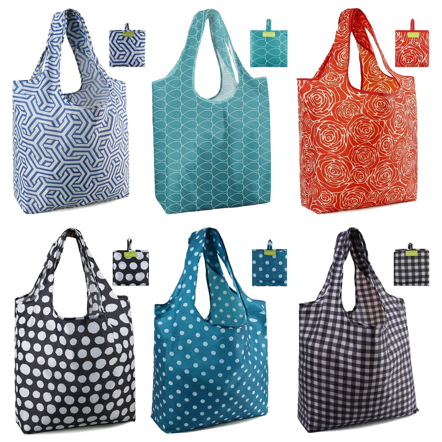 BeeGreen Christmas Reusable Gift Bags,6 Pack Large Holiday Tote Foldable Cloth Bag for Women, Cute Grocery Storage for Xmas Gifts Market Shopping, Washable Collapsible Reusable Bags with Handles​