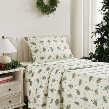 Spode - King Sheets, Cozy 4-Piece Set with Matching Pillowcases, Holiday Room Decor (Spode Christmas Tree Ivory, King)