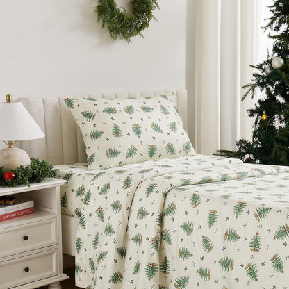 Spode - King Sheets, Cozy 4-Piece Set with Matching Pillowcases, Holiday Room Decor (Spode Christmas Tree Ivory, King)