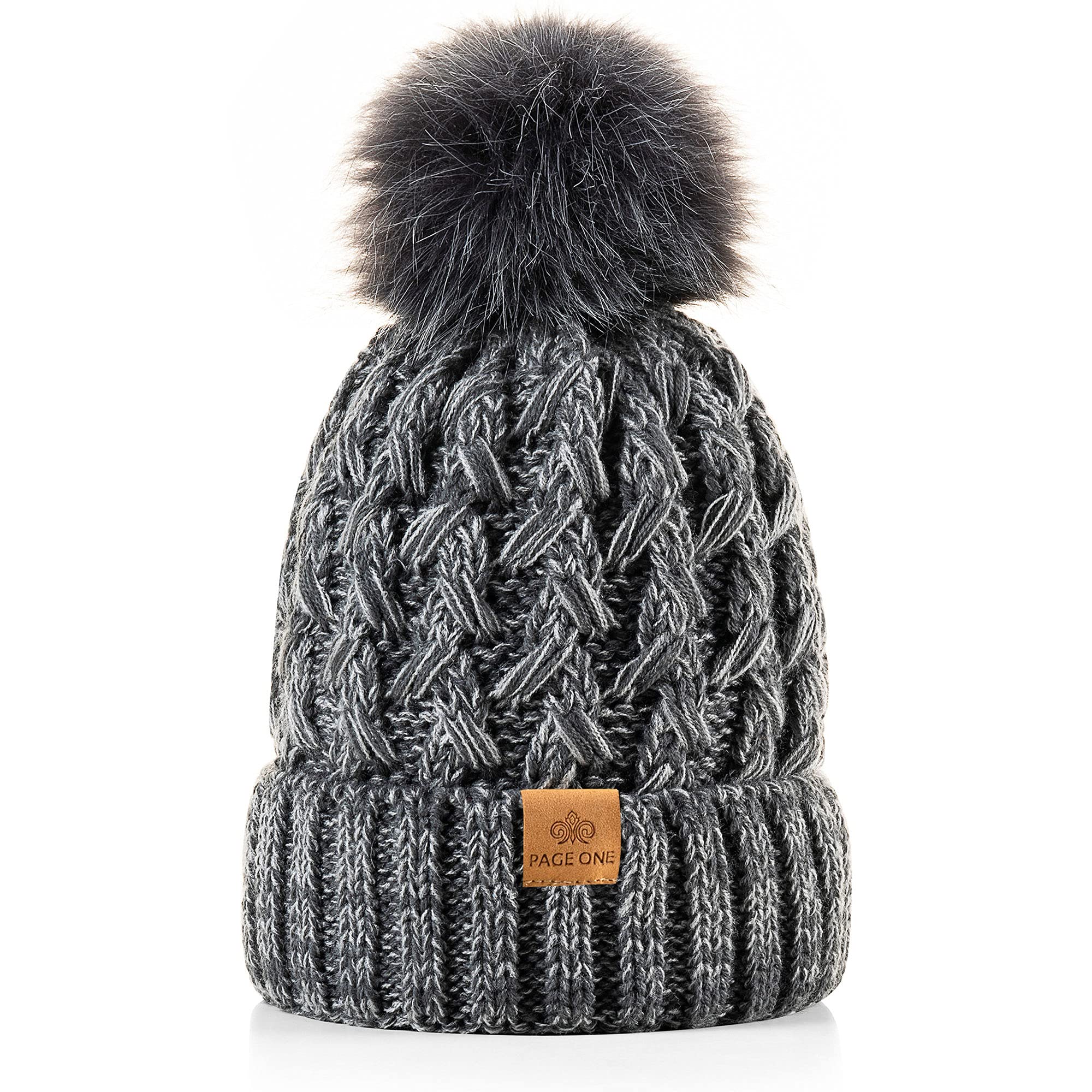 PAGE ONE Womens Winter Ribbed Beanie Crossed Cap Chunky Cable Knit Pompom Soft Warm Hat