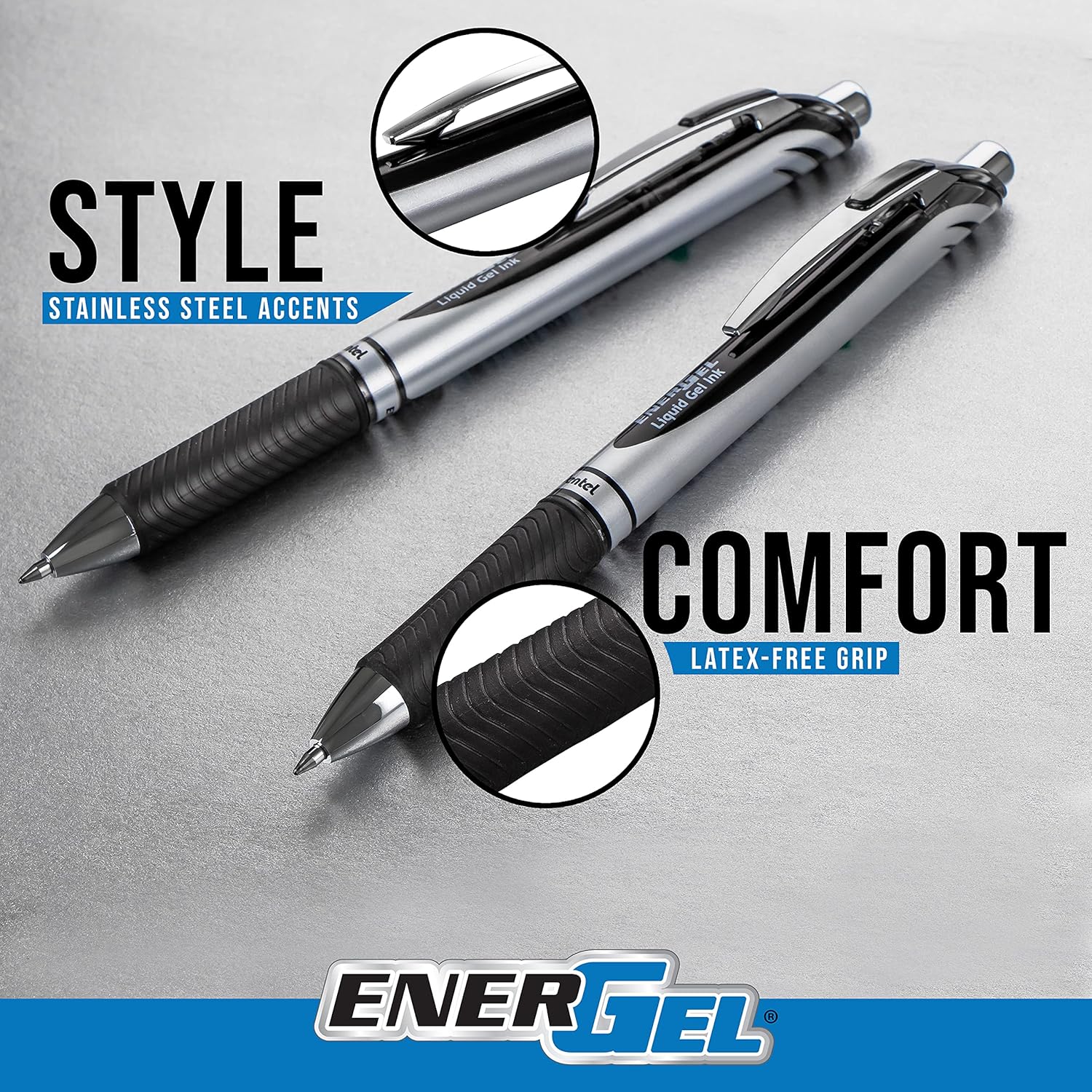 Pentel EnerGel Retractable Liquid Gel Pens, Medium Point, 0.7 mm, Silver Barrel, 12 Black Ink pens, the Ultimate writing pens, the Best Writing Pens for office, school and journaling, Pack of 12