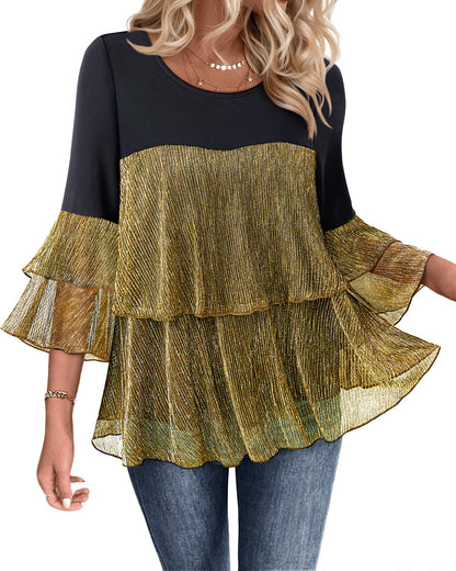 Bebonnie Womens Dressy Sparkly Tops 3/4 Sleeve Ruffles Elegant Evening Flowy Blouse