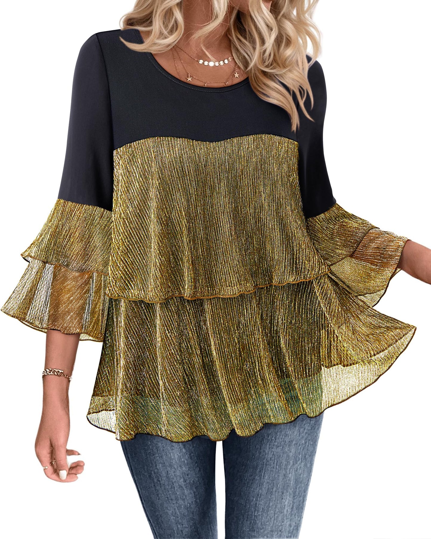 Bebonnie Womens Dressy Sparkly Tops 3/4 Sleeve Ruffles Elegant Evening Flowy Blouse