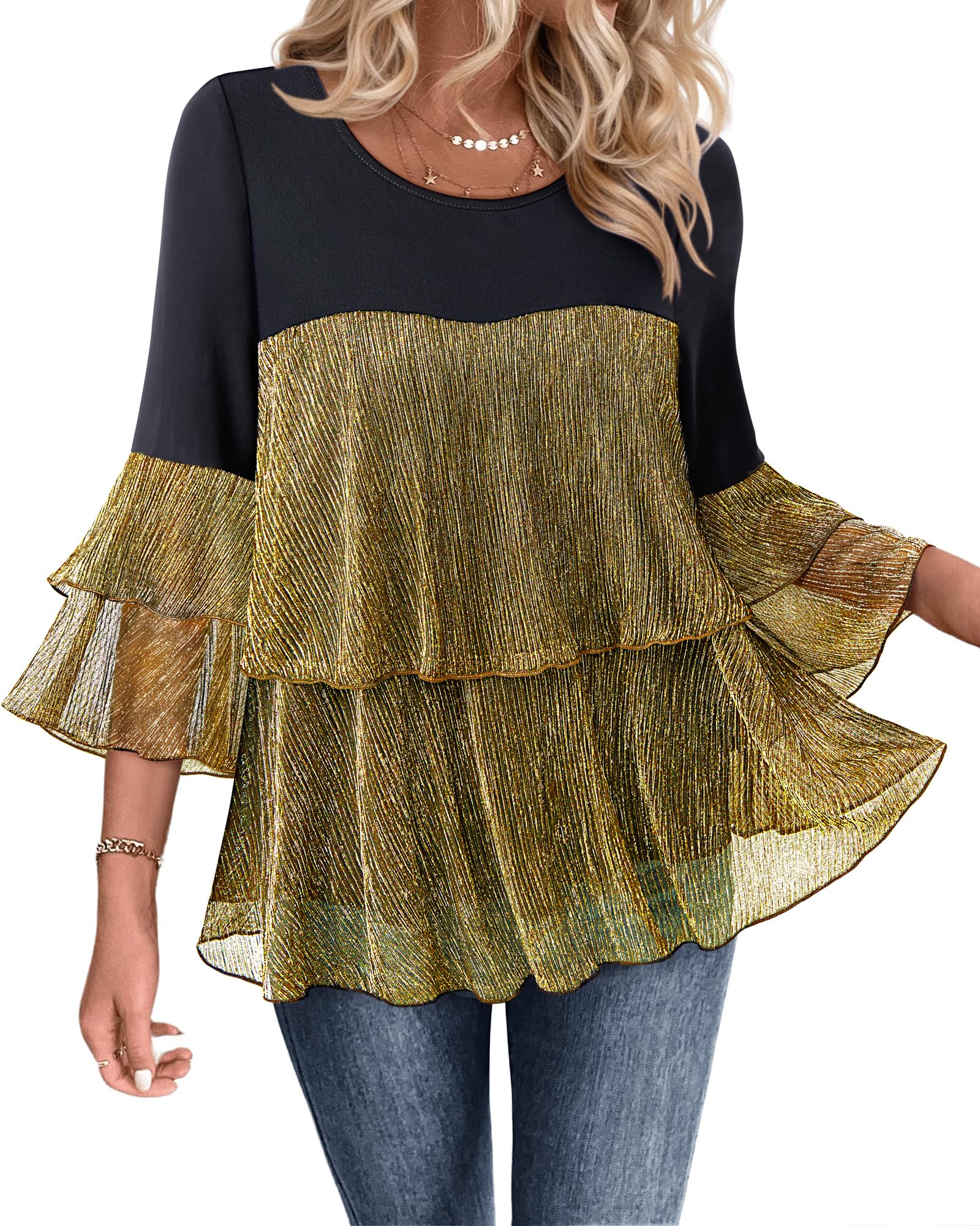 Bebonnie Womens Dressy Sparkly Tops 3/4 Sleeve Ruffles Elegant Evening Flowy Blouse