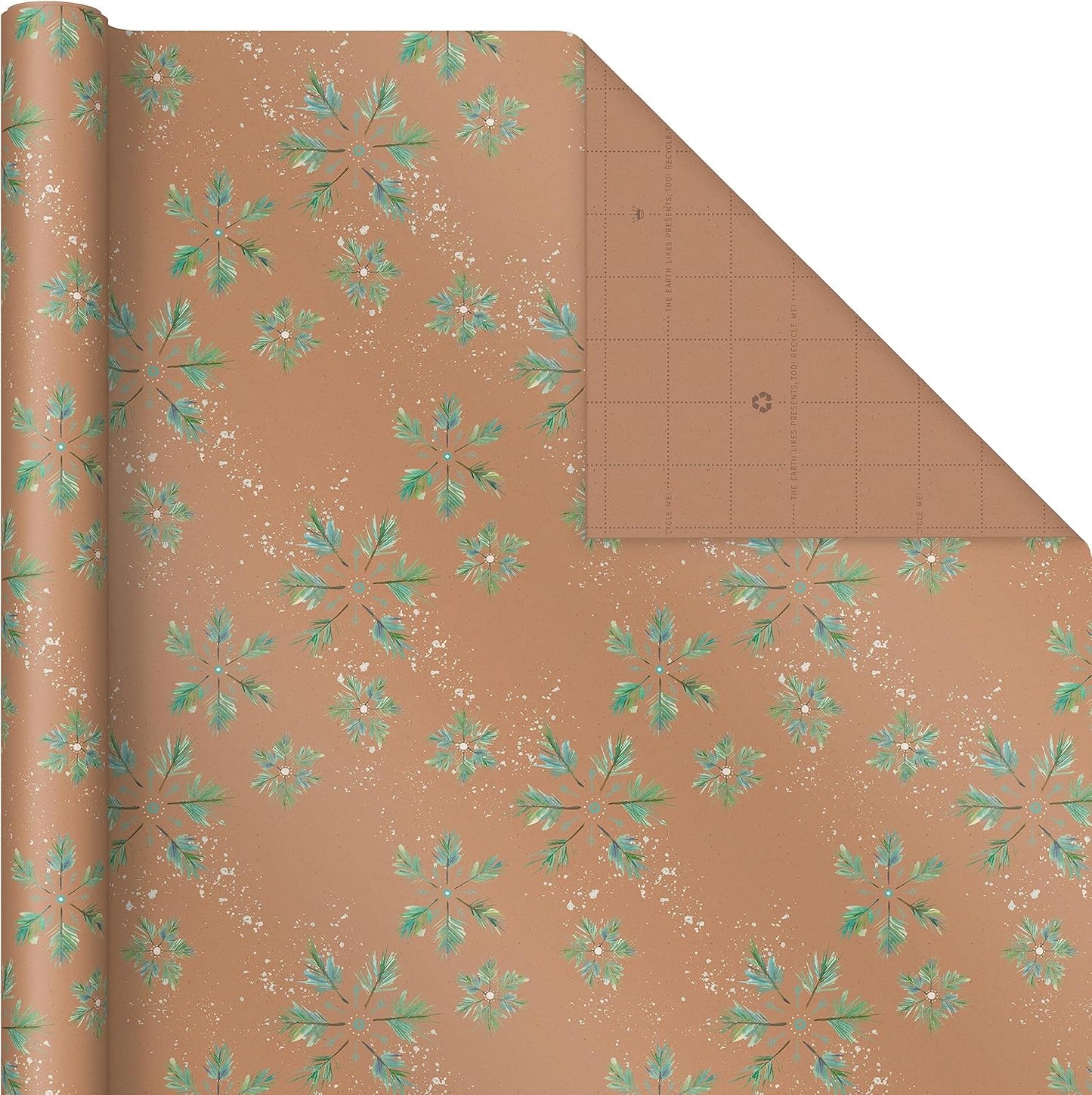 Hallmark Christmas Wrapping Paper Rolls, Brown Kraft Snowflakes, Blue and Green Foliage, Trees Gift Wrap (Pack of 3: 90 sq. ft. ttl.) for Holiday Parties, Winter Weddings, Birthdays