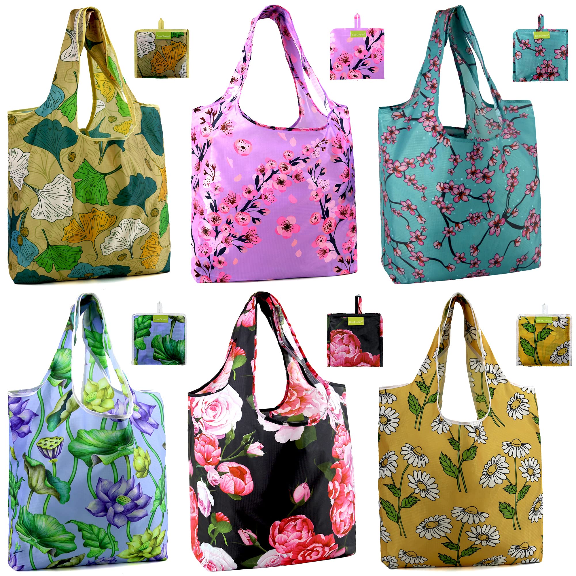 BeeGreen Christmas Reusable Gift Bags,6 Pack Large Holiday Tote Foldable Cloth Bag for Women, Cute Grocery Storage for Xmas Gifts Market Shopping, Washable Collapsible Reusable Bags with Handles​