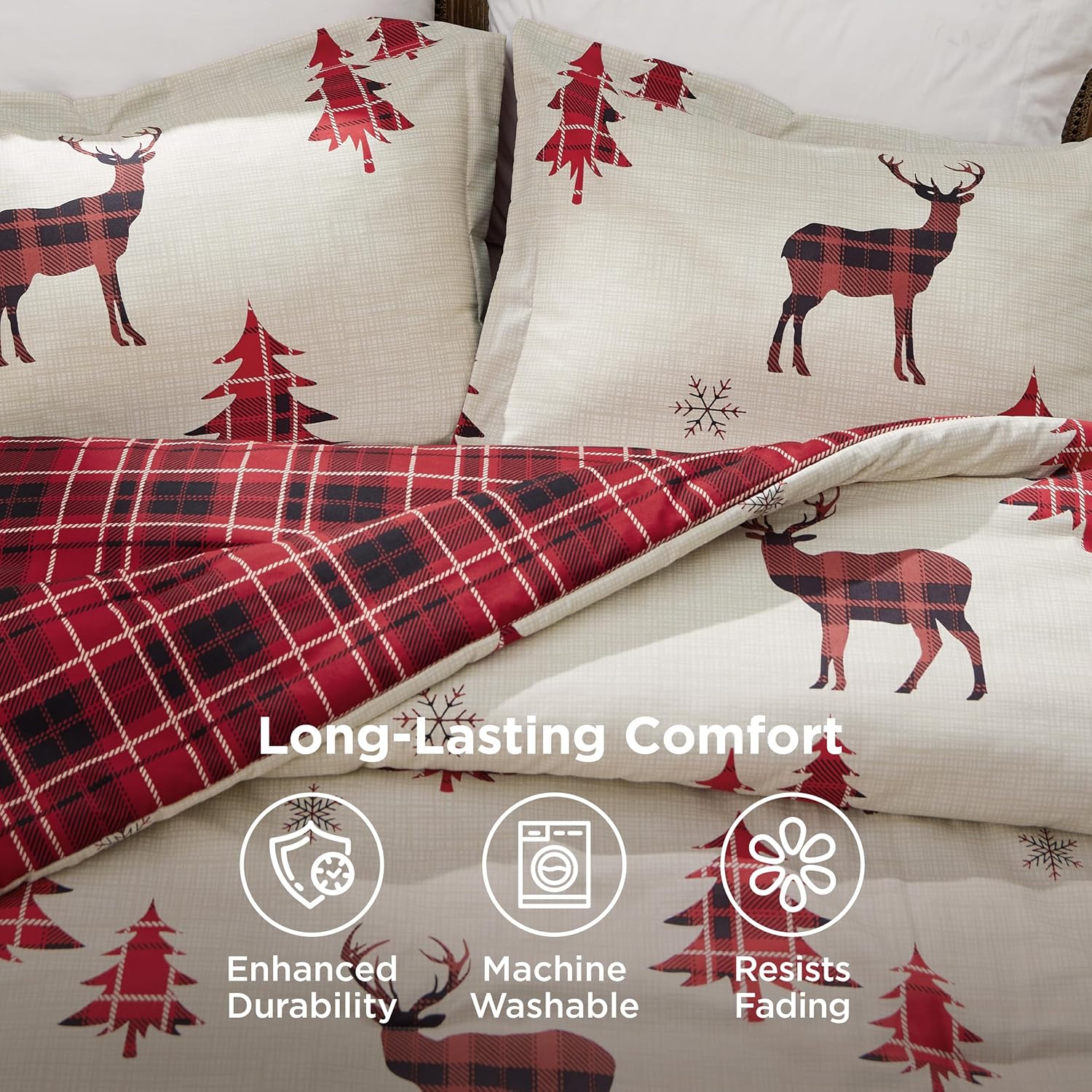 Bedsure Christmas Comforter Set Twin - Christmas Bed Set with Reindeer, Soft Bedding for Holiday, 2 Pieces, 1 Reversible Buffalo Check Printed Comforter and 1 Pillow Sham