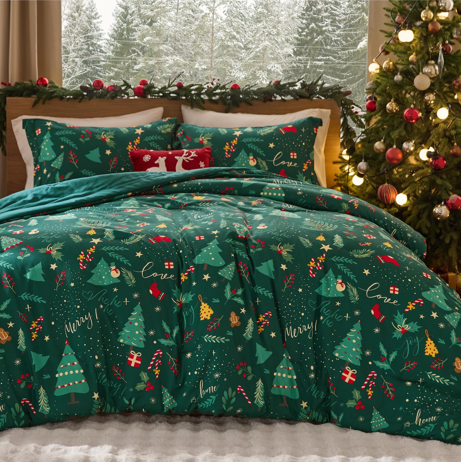Bedsure Christmas Comforter Set Twin - Christmas Bed Set with Reindeer, Soft Bedding for Holiday, 2 Pieces, 1 Reversible Buffalo Check Printed Comforter and 1 Pillow Sham