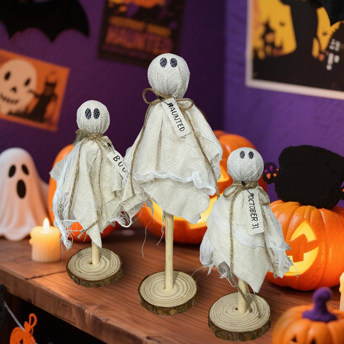 Resin Small White Ghost Figurines, 3PCS Ghosts with Witch Hats, Cute Ghost Statue for Spooky Halloween Decor, for Indoor Halloween Party Tabletop Home Shelf Decoration