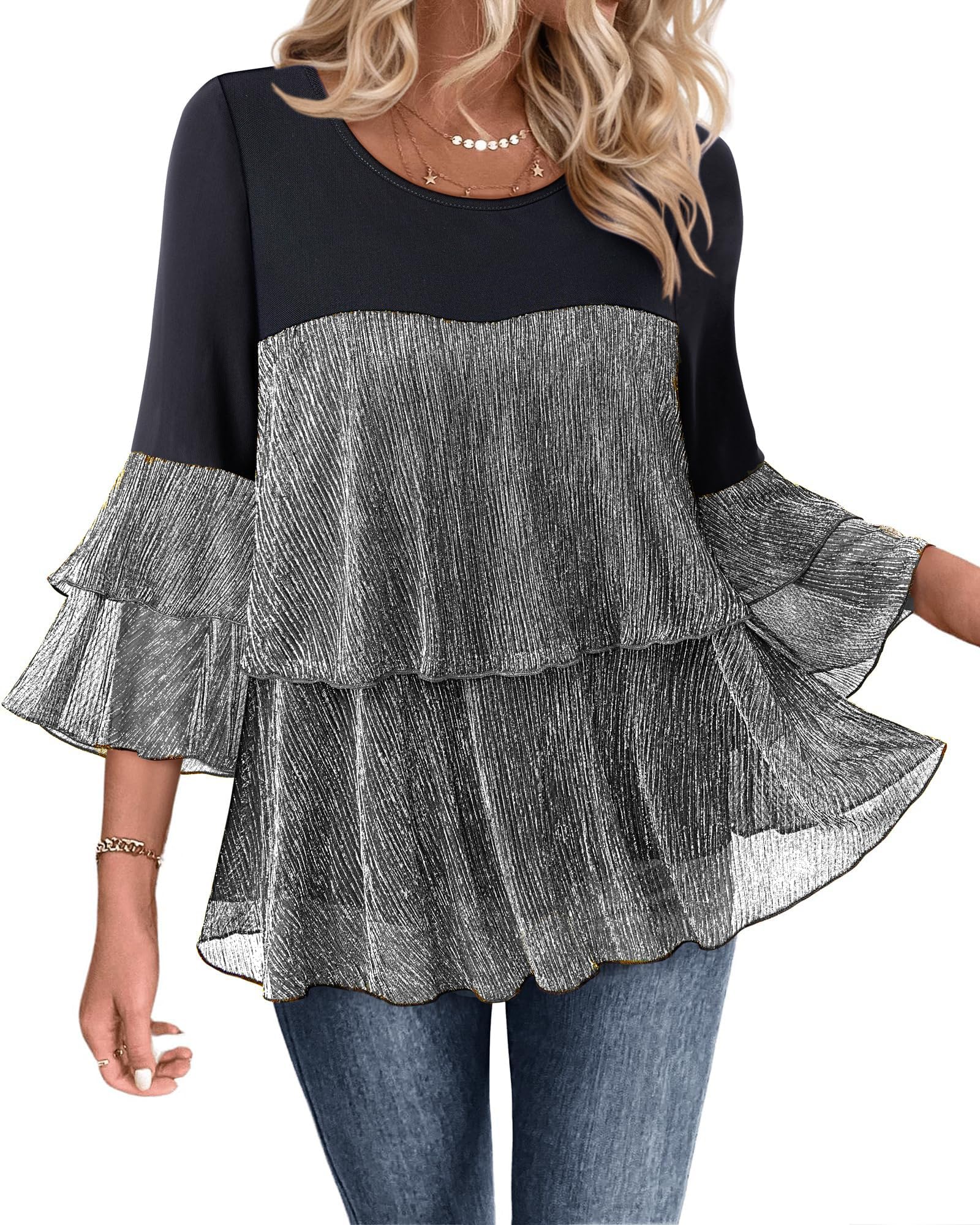 Bebonnie Womens Dressy Sparkly Tops 3/4 Sleeve Ruffles Elegant Evening Flowy Blouse