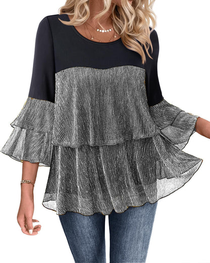 Bebonnie Womens Dressy Sparkly Tops 3/4 Sleeve Ruffles Elegant Evening Flowy Blouse