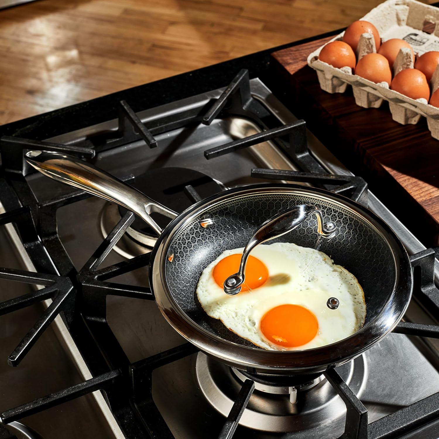 HexClad Hybrid Nonstick 8-Inch Frying Pan with Tempered Glass Lid, Stay-Cool Handle, Dishwasher-Friendly, Oven-Safe Up to 900°F, Induction Ready, Compatible with All Cooktops