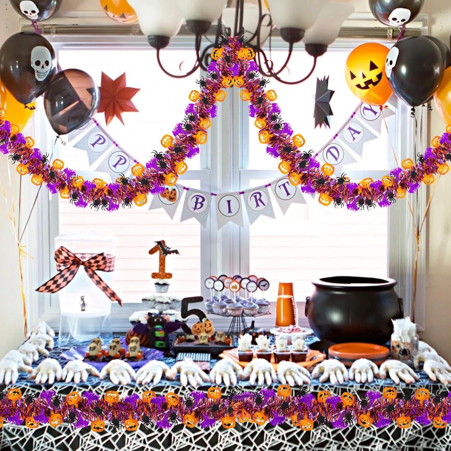 33FT Spooky Halloween Tinsel Garland with Pumpkin Bat Spider Ornament, Shiny Metallic Twist Garland Outdoor Indoor Halloween Decorations for Home Table Office Classroom Fireplace Party Decor