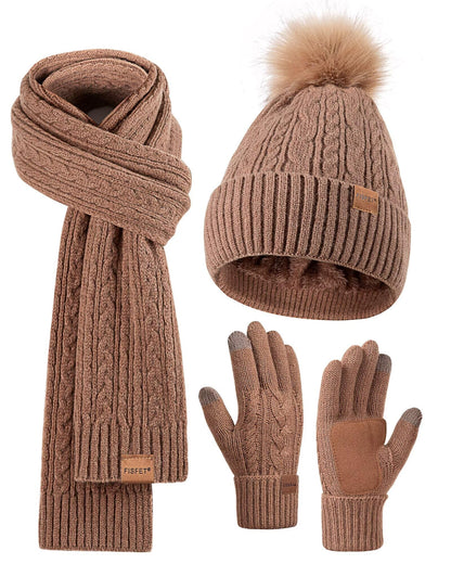 Winter Beanie Hat Scarf Gloves Set for Women, Pom Pom Beanie Fleece Lined Knit Neck Warmer Touchscreen Gloves 3 in 1 Gift Set