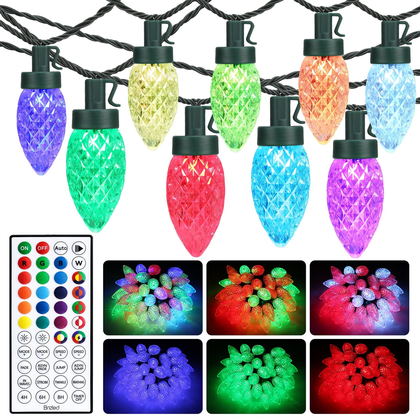 Brizled C9 Christmas Lights Cool White 16FT 25 LED 120V UL Certified Faceted Outdoor Christmas String Lights Connectable Xmas Tree Light for Tree, Holiday, House, Roof Decor